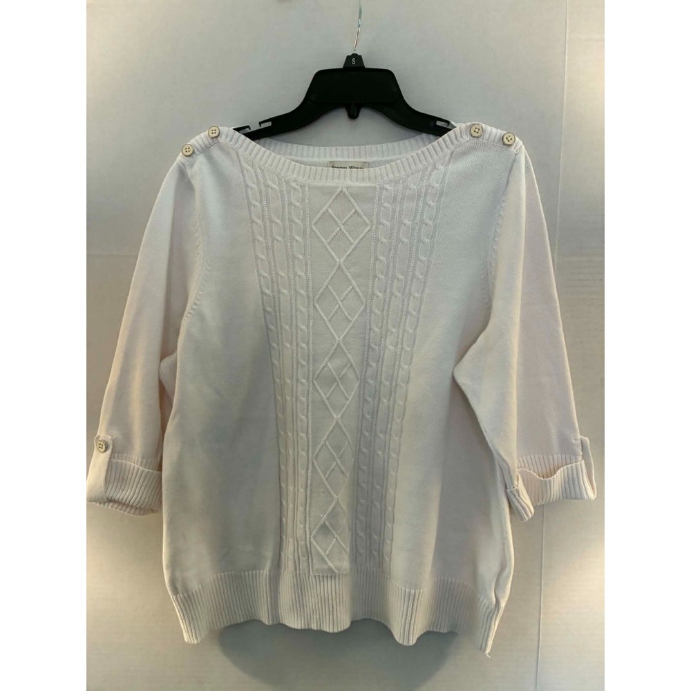 Studio Works Woman Womens‎ 1X White Cable Knit Sweater Cotton Nautical Preppy
